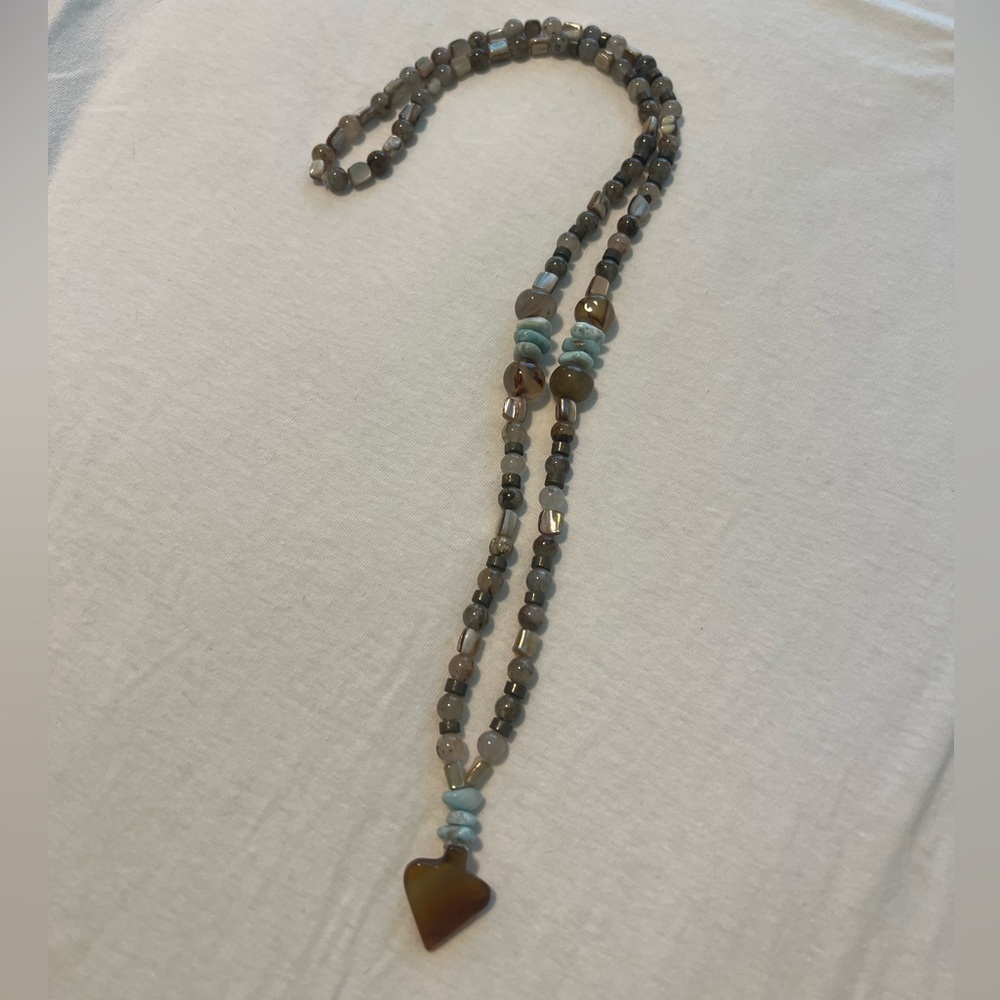 Beaded Amber and Larimar Heart Necklace